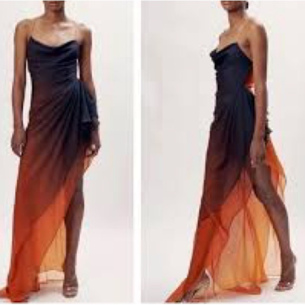 Ronny Kobo Collection Black and Orange Asymmetrical Maxi Dress Size XS